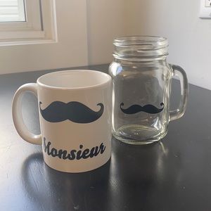 Moustache mug & mason jar glass EUC